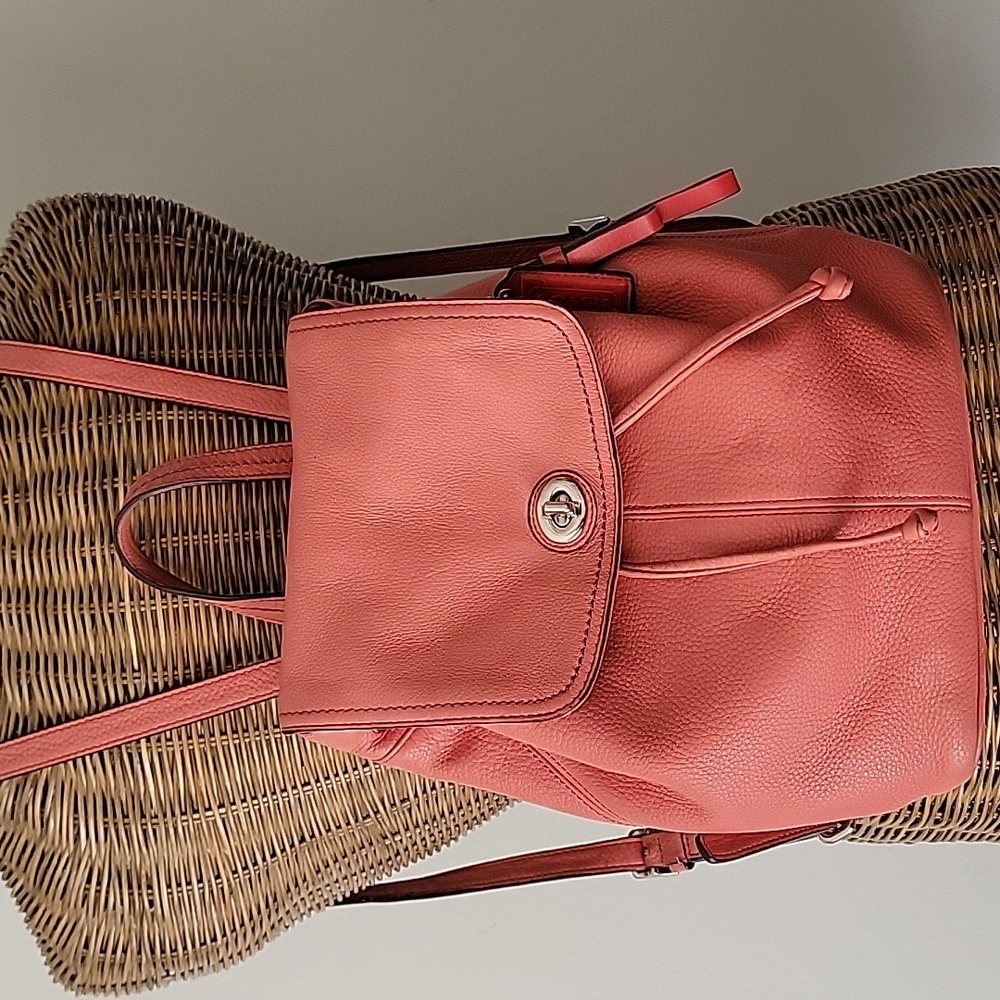 Coach Park Coral Pebbled Leather Turnlock Drawstring Closure Backpack - Picture 2 of 15